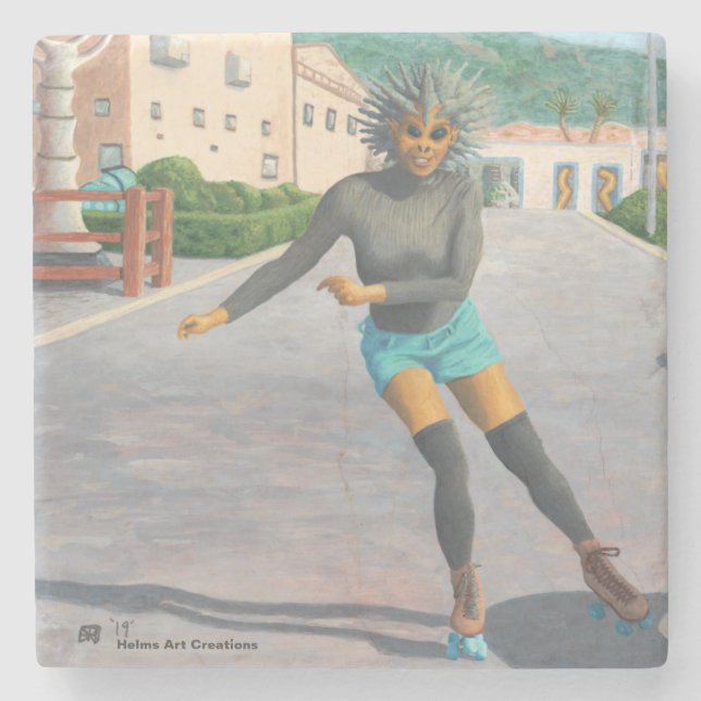Alien Woman Roller Skating Fantasy Stone Coaster (Front)