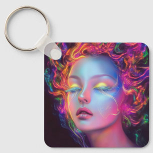 Alien Woman with Cosmic Hair Key Ring