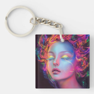 Alien Woman with Cosmic Hair Key Ring
