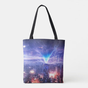 Alien World Futuristic Shield City Blue Star Tote Bag