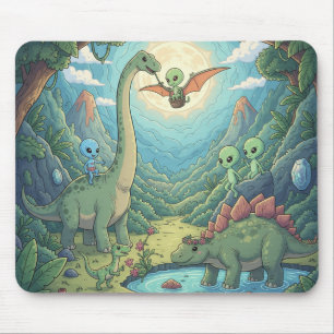 Aliens and Dinosaurs in Prehistoric Paradise Mouse Mat