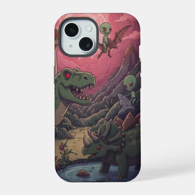 Aliens and Dinosaurs Under Crimson Skies iPhone 15 Case (Back)