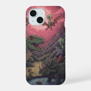 Aliens and Dinosaurs Under Crimson Skies iPhone 15 Case