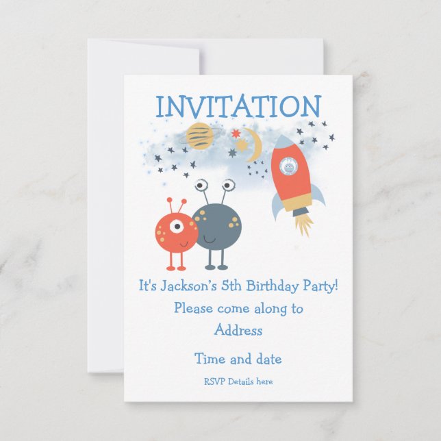Aliens and Spaceship Cartoon Birthday Invite (Front)