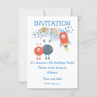 Aliens and Spaceship Cartoon Birthday Invite
