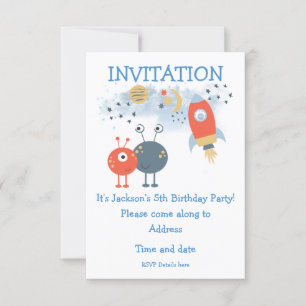 Aliens and Spaceship Cartoon Birthday Invite