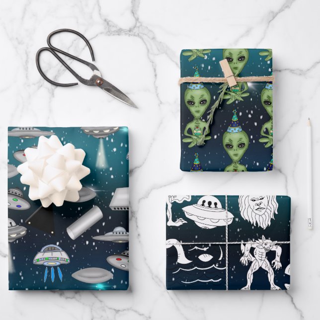 Aliens and UFOs Outer Space Birthday Wrapping Paper Sheet (Front)