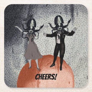 Aliens dance celebration square paper coaster