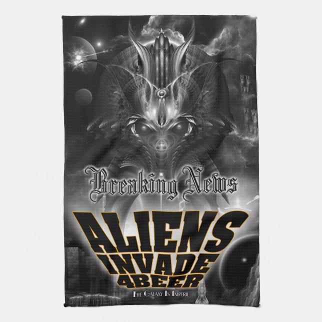 Aliens Invade 4 Beer Galaxy Attack Tea Towel (Vertical)