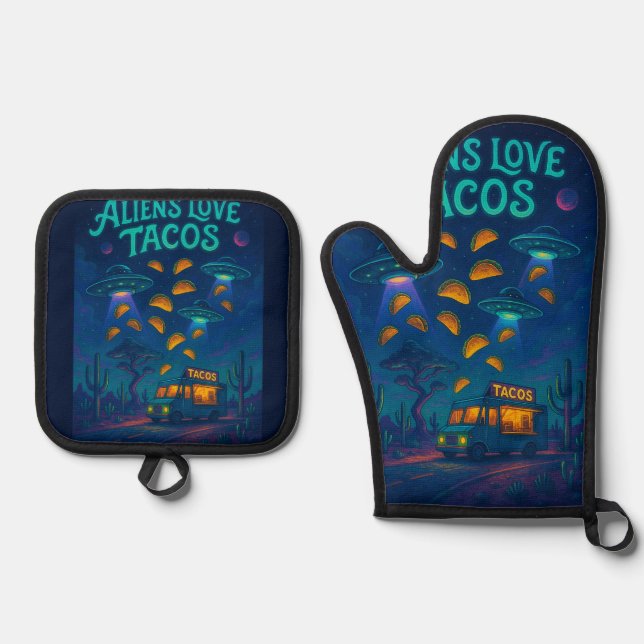 Aliens Love Tacos Oven Mitt & Pot Holder Set (Front)