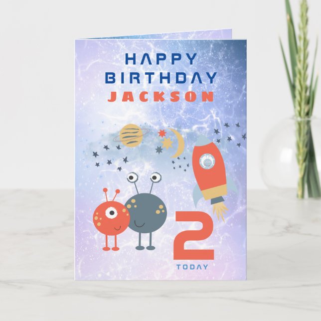 Aliens Spaceship Age 2 Birthday Space Lilac Card (Front)