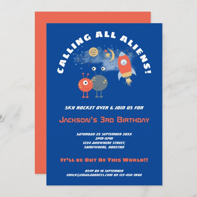 Aliens Spaceship Cartoon Boy 3rd Birthday Blue Invitation (Front/Back)