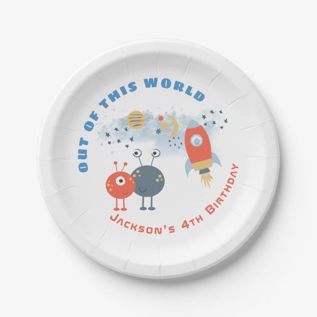 Aliens Spaceship Moon Stars Boy 4th Birthday party Paper Plate (Front)