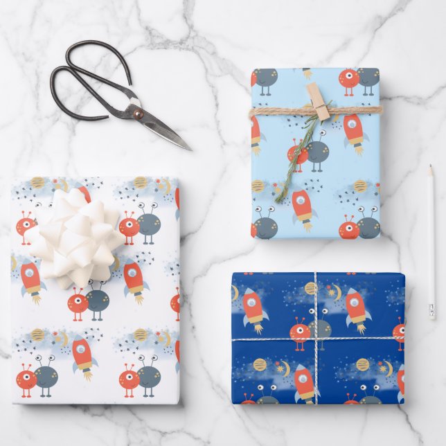 Aliens Spaceships Boy Birthday White Blue Wrapping Paper Sheet (Front)