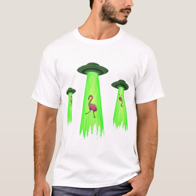 Aliens steal pink flamingos at night it is UFO fun T-Shirt (Front)