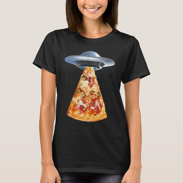 Aliens take pizza away in a flying saucer or UFO T-Shirt (Front)