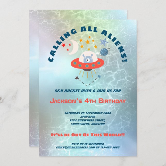 Aliens Teal Watercolor 4th Birthday party Invitation (Front/Back)