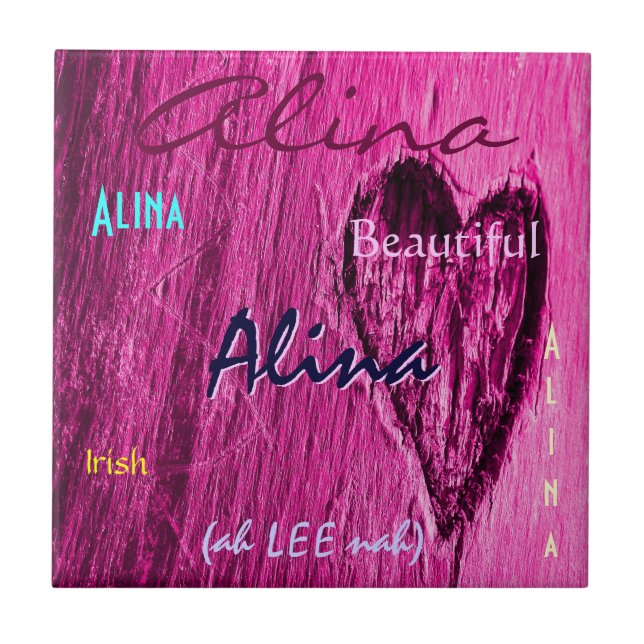 Alina Name Irish Meaning with Bright Pink Heart Tile (Front)