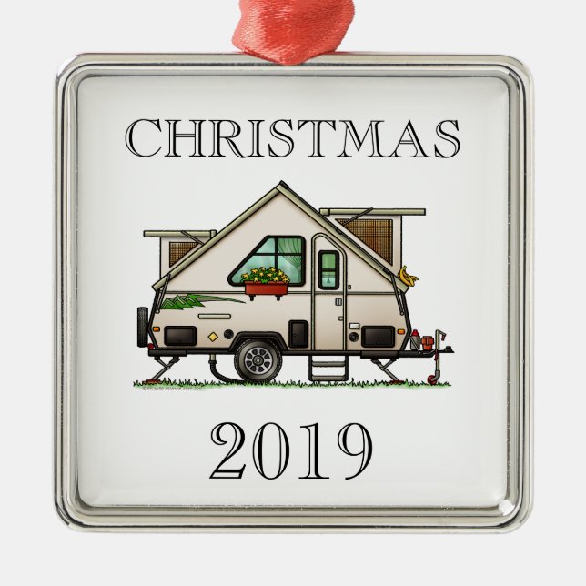 Aliner Pop Up RV happy camper art Metal Tree Decoration (Front)