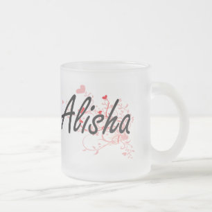 Alisha Artistic Name Design with Hearts Frosted Glass Coffee Mug