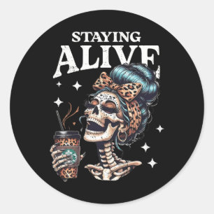 Alive Skeleton Halloween Leopard Messy Bun Women T Classic Round Sticker