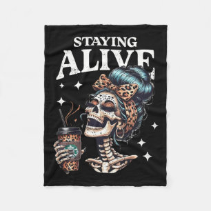 Alive Skeleton Halloween Leopard Messy Bun Women T Fleece Blanket