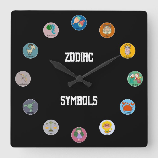 All 12 Zodiac Symbols Square Wall Clock (Front)