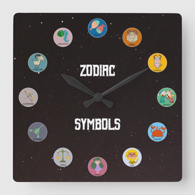 All 12 Zodiac Symbols with Star Field Square Wall Clock (Front)