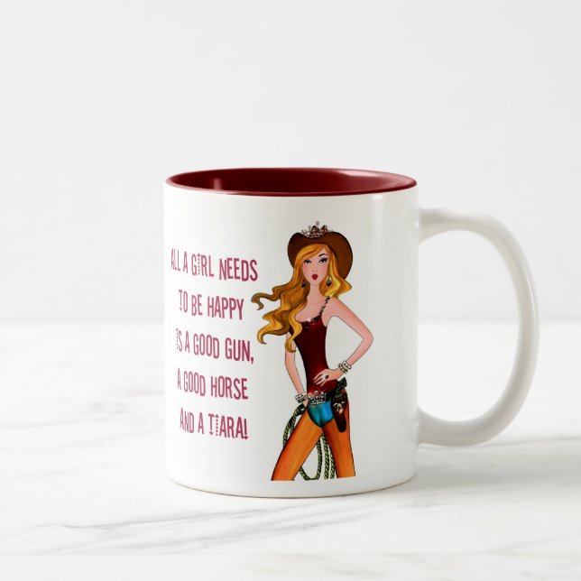 "All A Cowgirl Diva Needs To Be Happy..." Two-Tone Coffee Mug (Right)