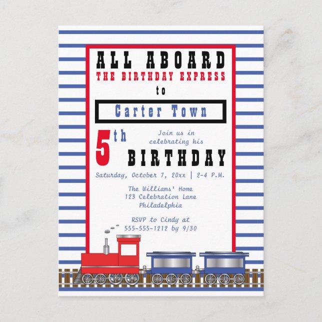 All Aboard 5th Birthday Express Choo Choo Train Invitation Postcard (Front)