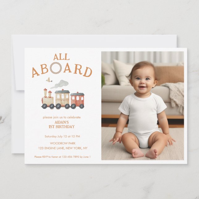  All Aboard Any Age Train Photo Birthday  Invitation (Front)