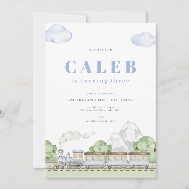 All Aboard Blue Train Birthday Invitation (Front)