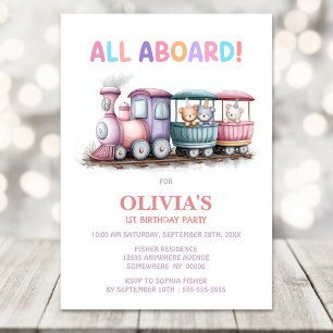 All Aboard Colourful Train 1st Birthday Invitation