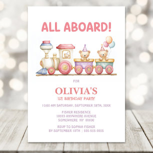 All Aboard Cute Pink Train 1st Birthday Invitation
