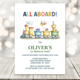 All Aboard Cute Teddy Bear Train 1st Birthday Invitation