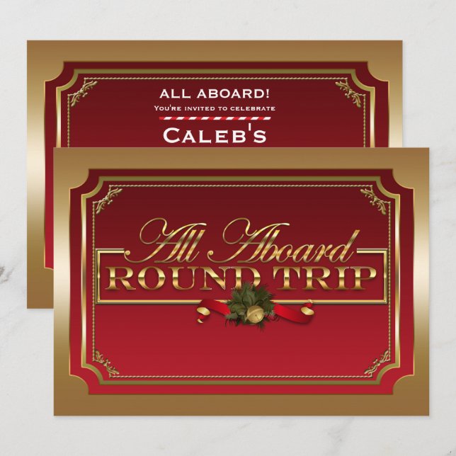 All Aboard Red & Gold Christmas Train Party Invitation (Front/Back)