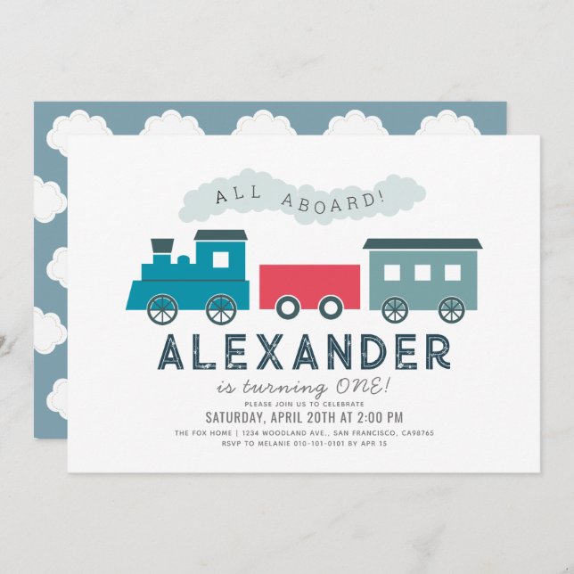 All Aboard Steam Train Blue Boy 1st Birthday Invitation (Front/Back)