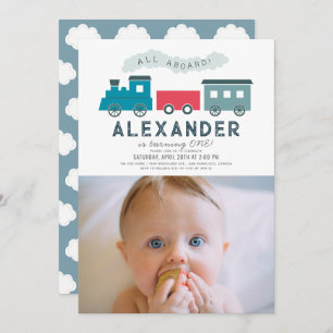 All Aboard Steam Train Blue Boy 1st Birthday Photo Invitation