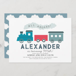 All Aboard Steam Train Blue Boy Birthday Invitation