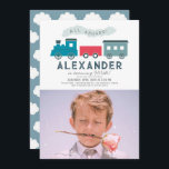 All Aboard Steam Train Blue Boy Birthday Photo Invitation<br><div class="desc">This cute "all aboard" boy's birthday photo invitation features a white background with steam train in blue and red. The reverse side features a sky blue background with cloud patterns. Personalise it for your needs. You can find matching products at my store.</div>