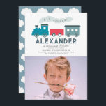 All Aboard Steam Train Blue Boy Birthday Photo Invitation<br><div class="desc">This cute "all aboard" boy's birthday photo invitation features a white background with steam train in blue and red. The reverse side features a sky blue background with cloud patterns. Personalise it for your needs. You can find matching products at my store.</div>