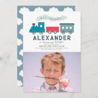 All Aboard Steam Train Blue Boy Birthday Photo