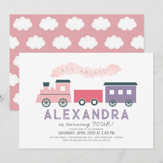 All Aboard Steam Train Pink Girl Birthday Invitation (Front/Back)