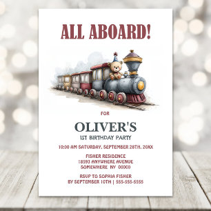 All Aboard Teddy Bear Train 1st Birthday Party Invitation