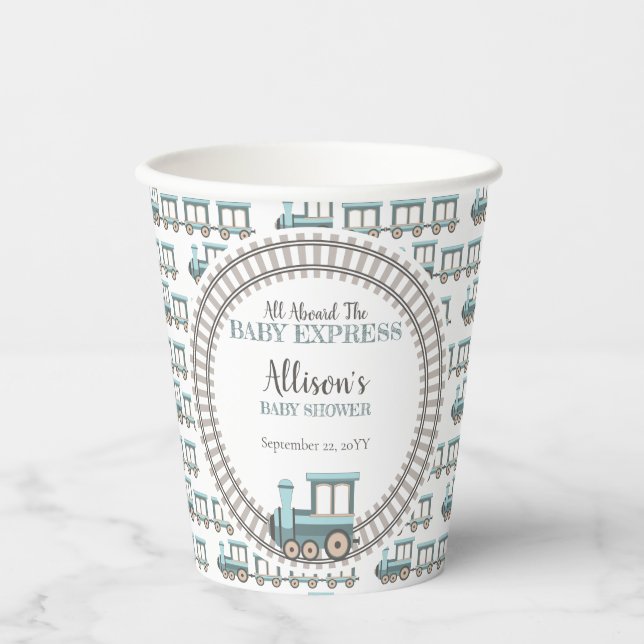 All Aboard the Baby Express Train Boy Baby Shower Paper Cups (Front)