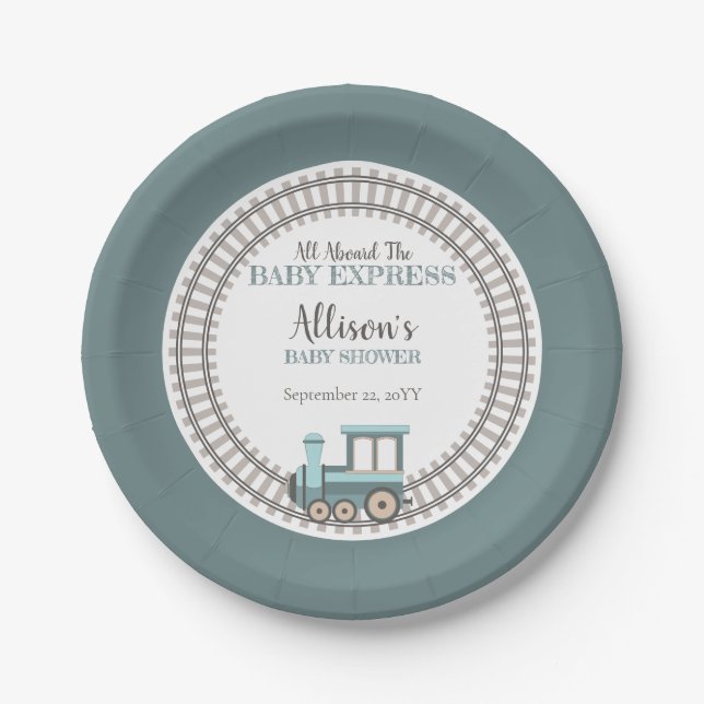 All Aboard the Baby Express Train Boy Baby Shower Paper Plate (Front)