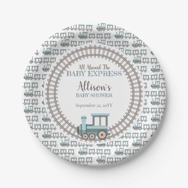 All Aboard the Baby Express Train Boy Baby Shower Paper Plate (Front)