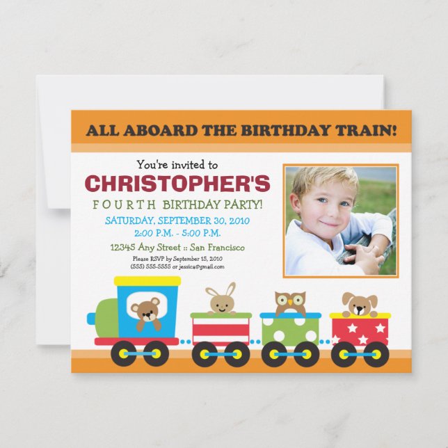 All Aboard Train Boy's Birthday Invite (orange) (Front)