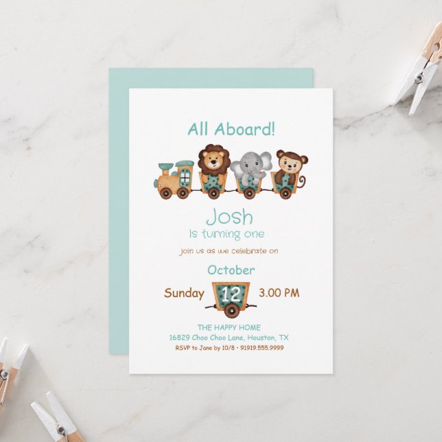 ALL ABOARD Train Fiesta Kids Birthday Invitation (Front/Back In Situ)