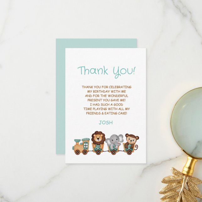 ALL ABOARD Train Fiesta Kids Birthday Thank You Card (Front/Back In Situ)